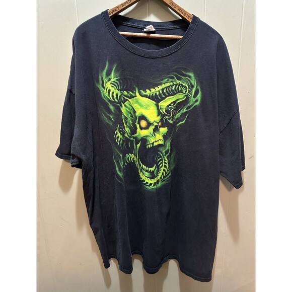 Vintage Y2K Green Flaming Skull Snake Skeleton Shirt 3XL 2000s - Picture 1 of 5